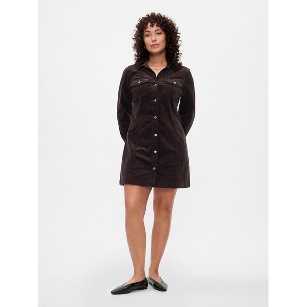Gap Womens velvet Shirt Dress Dark Brown Long Sleeve Button Down Mini L Tall